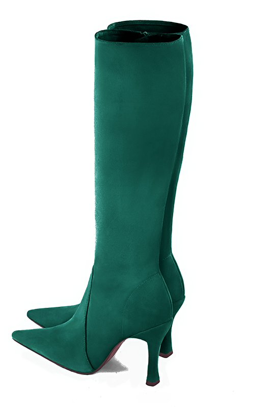 Emerald green women's feminine knee-high boots. Pointed toe. Very high spool heels. Made to measure. Top view - Florence KOOIJMAN